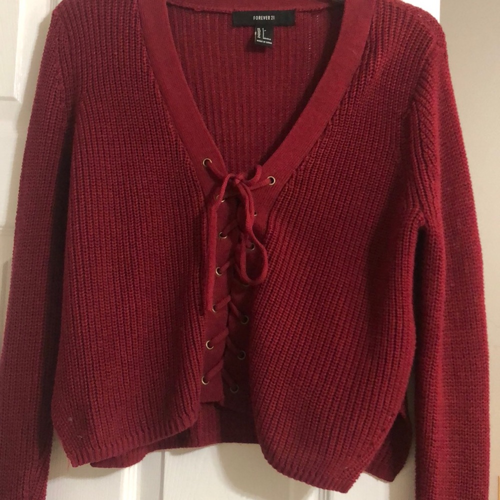 Cropped lace up sweater